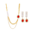 Wholesale Stainless Steel Necklace Earring Set with Red Zircon Charm Double Layers Jewelry Set China Supplier