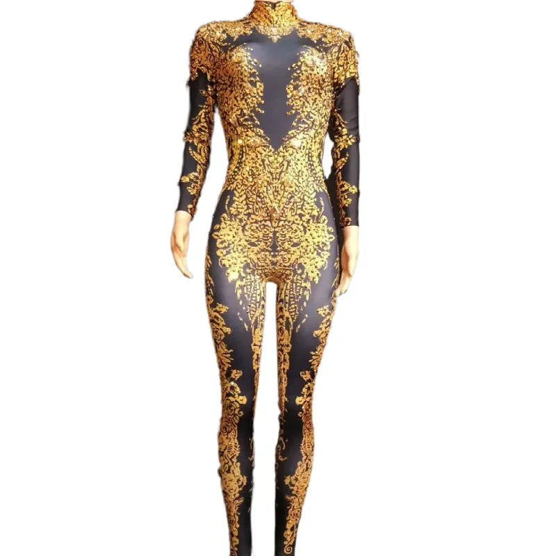 Fashion Long Sleeves Gold Rhinestones Unitard Women Sexy Party Club Jumpsuits Playsuit Drag Stage Costume Performance Dance Wear