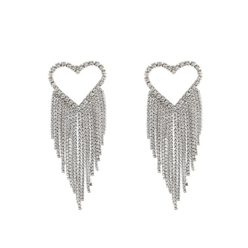 RisingMoon Silver Gold Plating Full Diamond Tassel Heart Statement Earrings Bling Crystal Heart Tassel Earrings