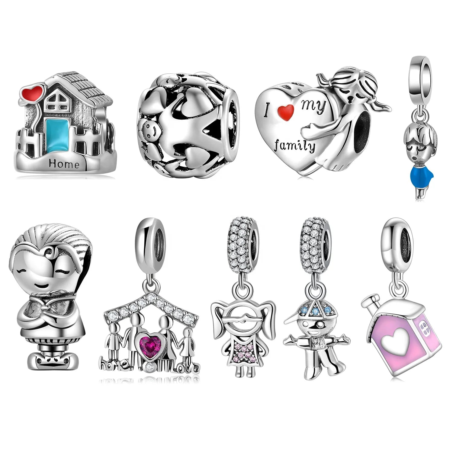 Real 925 Sterling Silver Warm House of love Heart Pattern Pendant Enamel pink Charms for Bracelets Jewelry Making Wholesale