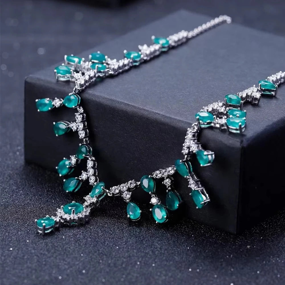 Abiding Fine Jewelry Elegant S925 Sterling Silver White Cz Green Agate Gemstone Women's Necklace for Dinner Party