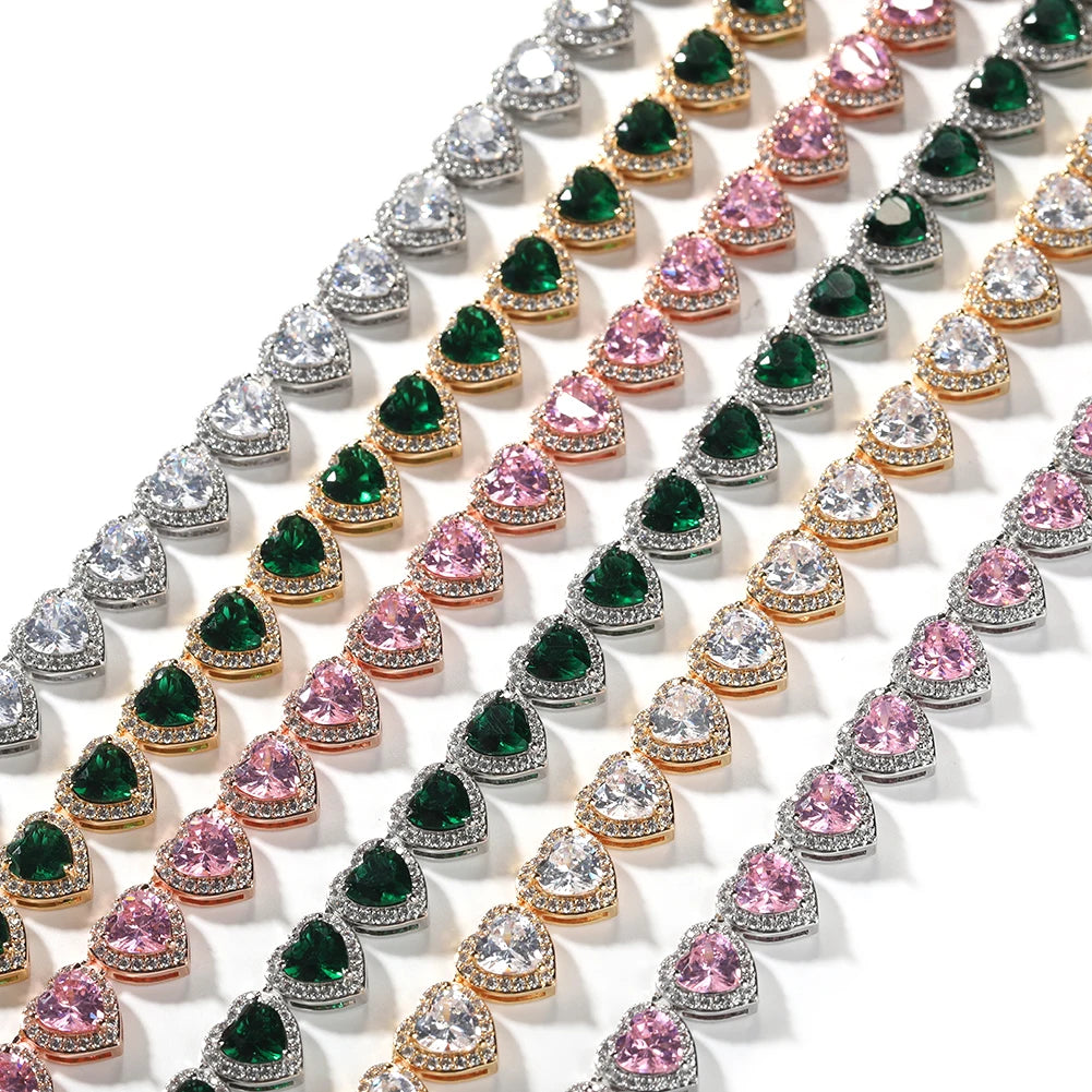 New 18" Bling pink Green Stone Heart Cz Tennis Choker Gold Chain Necklace for Women 2023