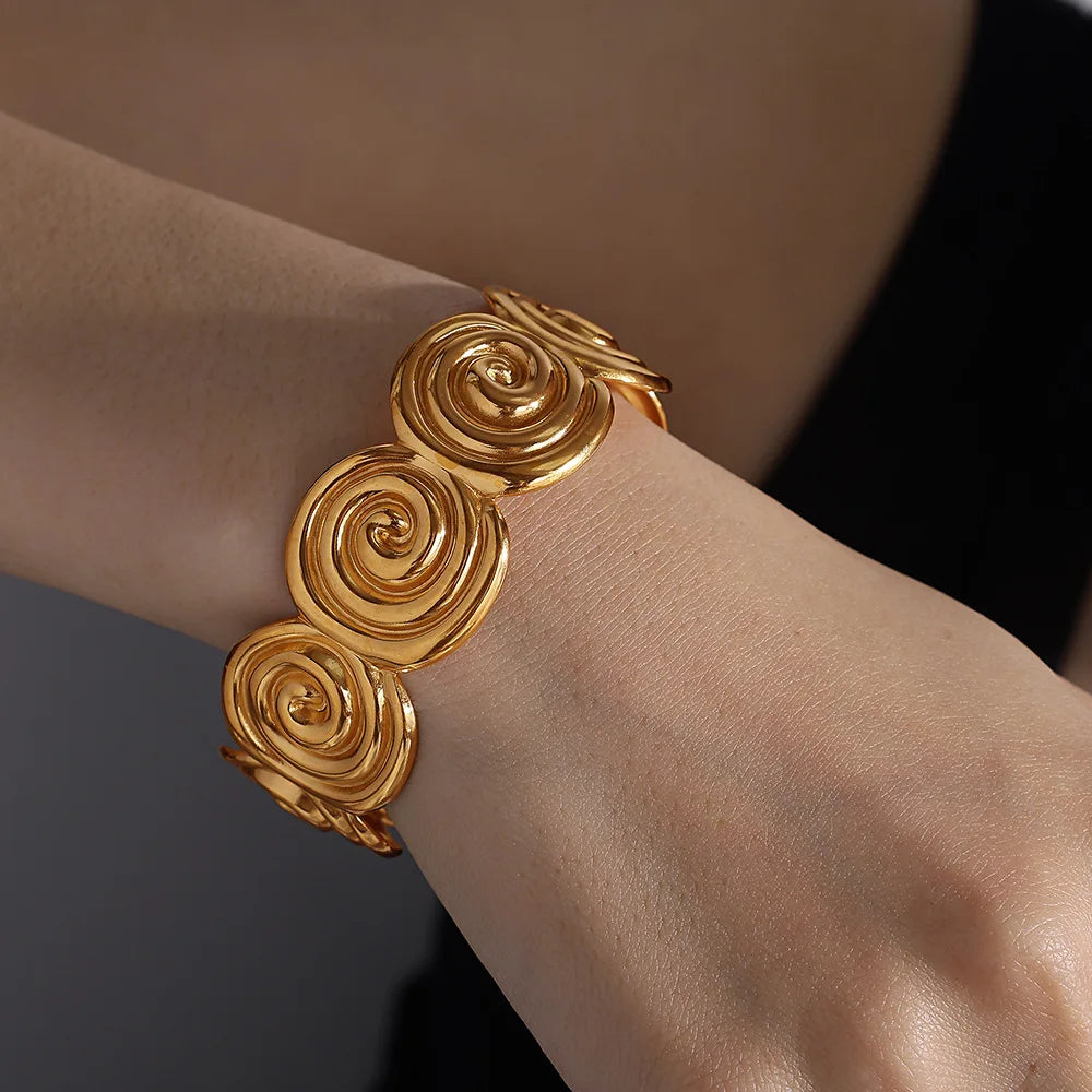 YF6345 New Stainless Steel Exaggerated Design Women Jewelry 18k Gold Plated Irregular Thread Opening Bracelet