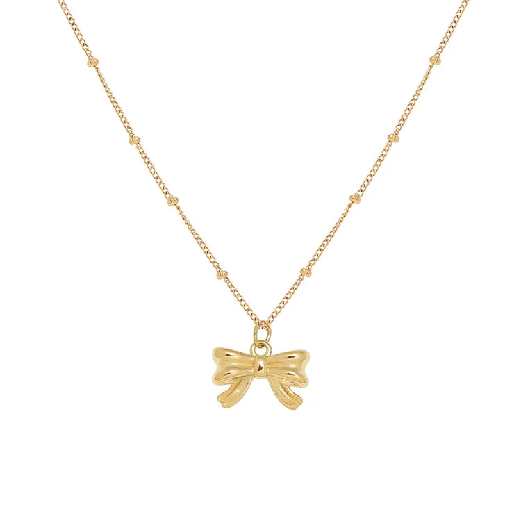 Wholesale Stainless Steel Gold Plated Link Chain Bow Pendant Necklace Women