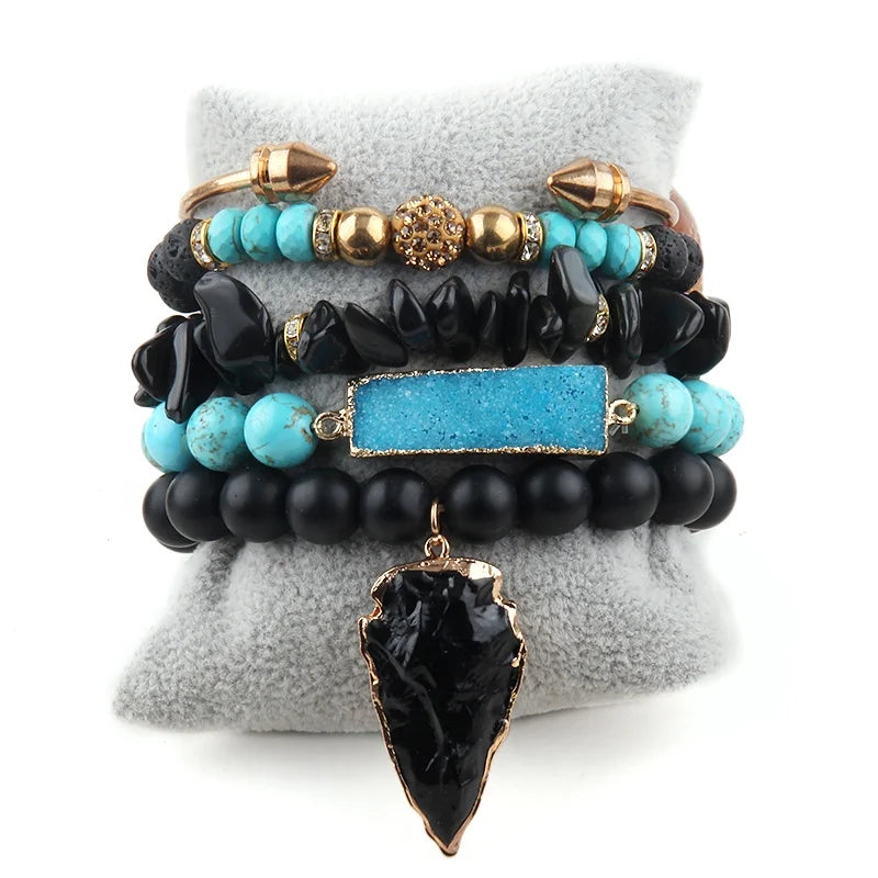 New Boho Jewelry  Natural Stone Bangles Square Crystal Bracelet Round Druzy Arrow Charm Stack Bracelets Set