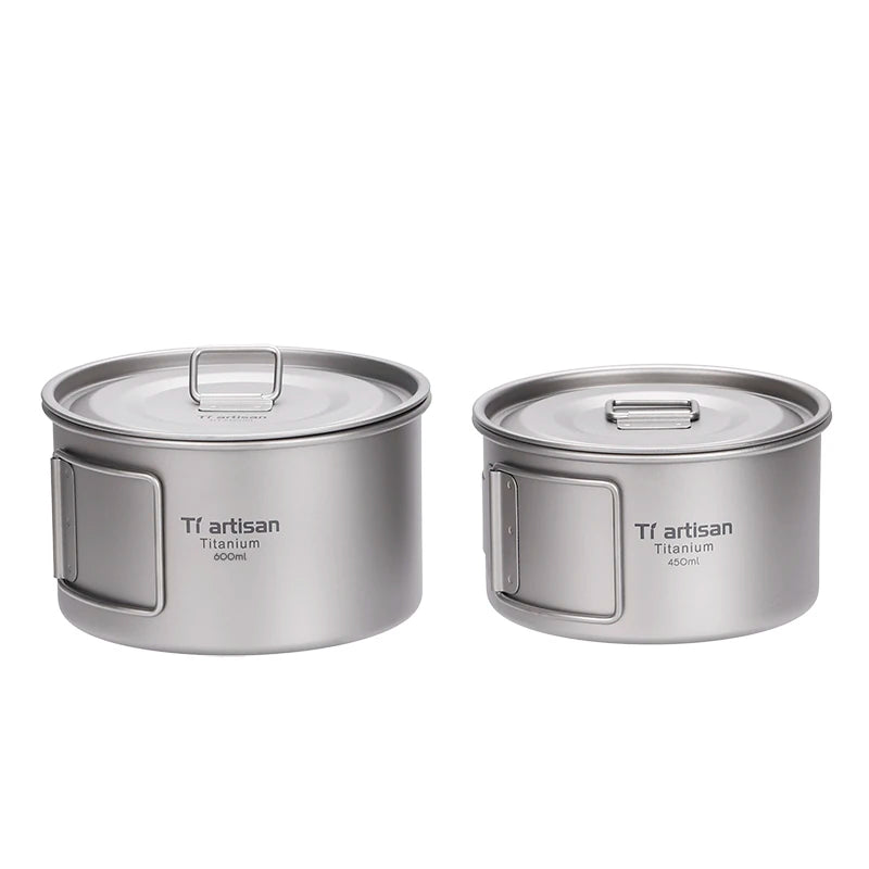 Titanium Silver Stacking Pot Foldable Handle Single-Wall Cooking Tableware Bowl 450/550ml Capacity for Outdoor Camping Cookware