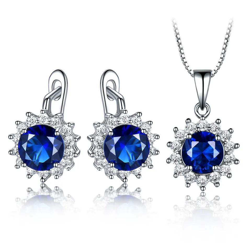Fashion Blue Gemstone Pendant Necklace and Clip Earrings Sets 925 Sterling Silver Cubic Zirconia Jewelry Set Bridal for Women