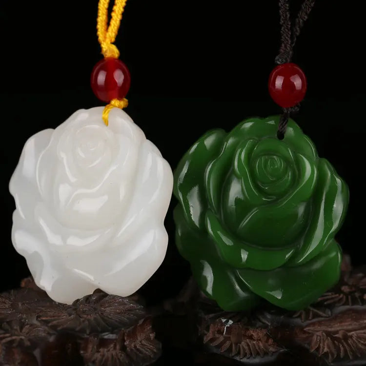 Handmade Green Jasper Rose Flower Pendant Hot Sale Fashion Charms Natural Nephrite Jade Carved White Flower Pendant