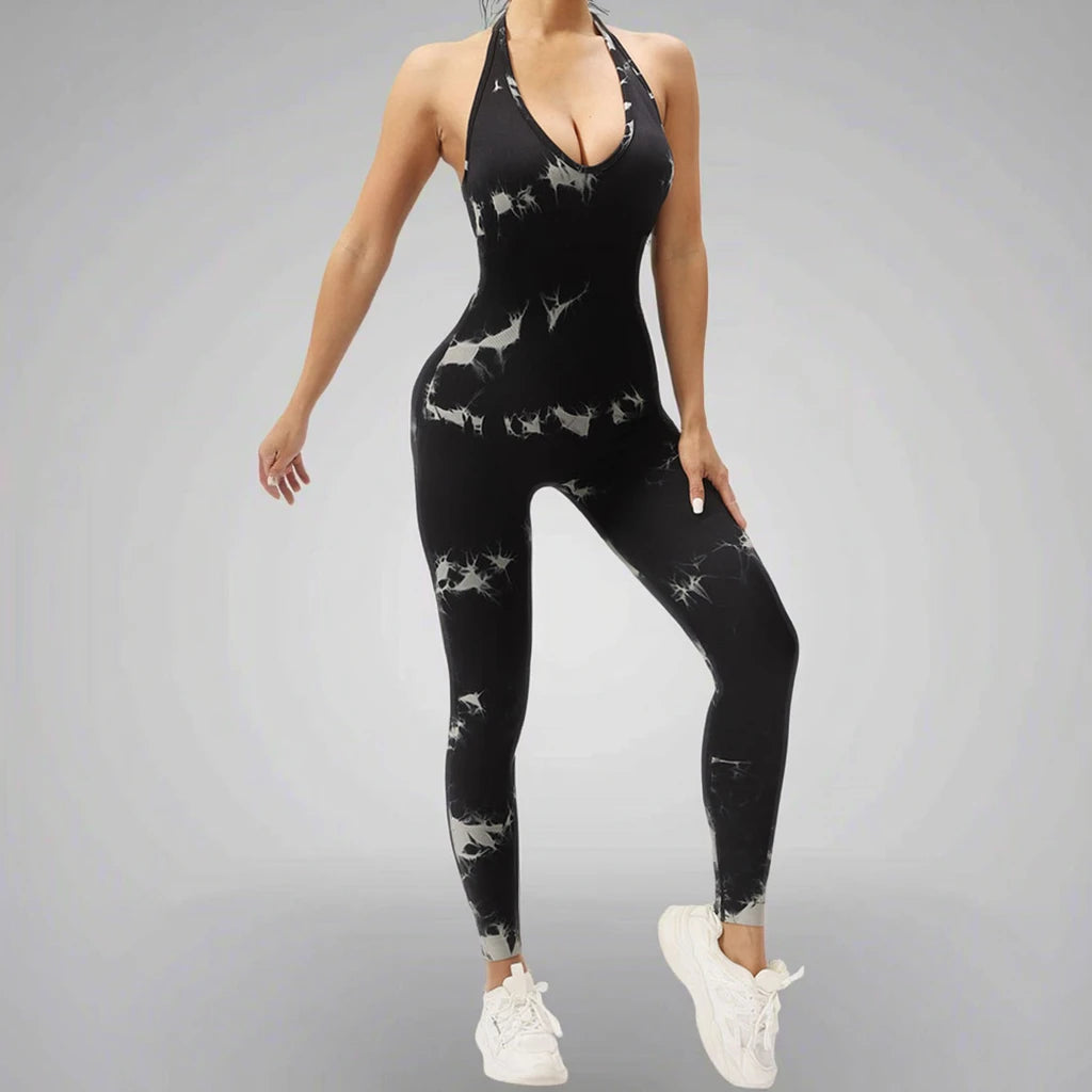 High Quality Slim-Fit Elastic Exercise Yoga Bodysuit Quick-Drying Seamless One-Piece Fitness Jumpsuit with Tie Dye Design