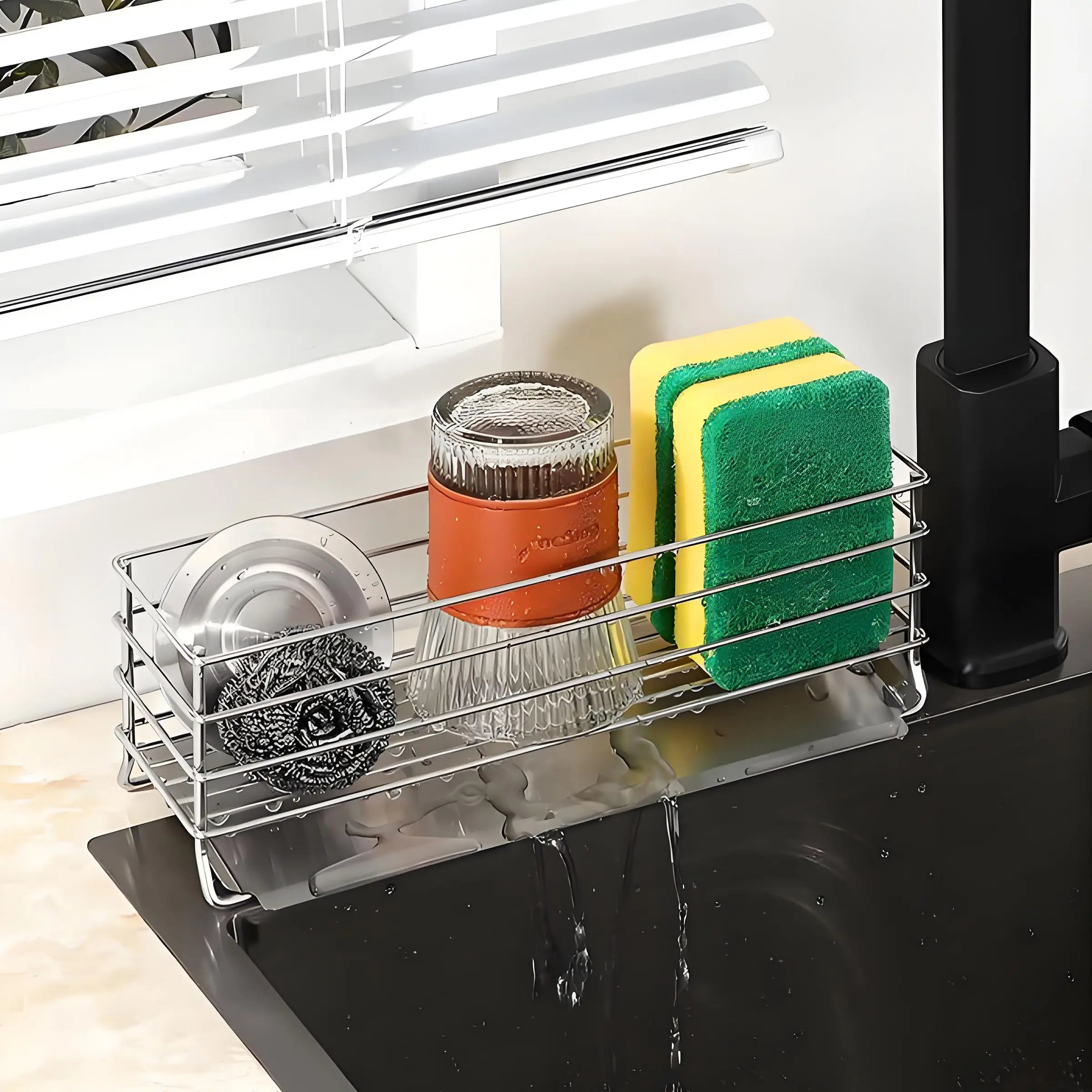 Stainless Steel Floor Sink Storage Rack Kitchen Organizer Sponge Brush Soap Holder Metal Shelf Single Tier Rectangle