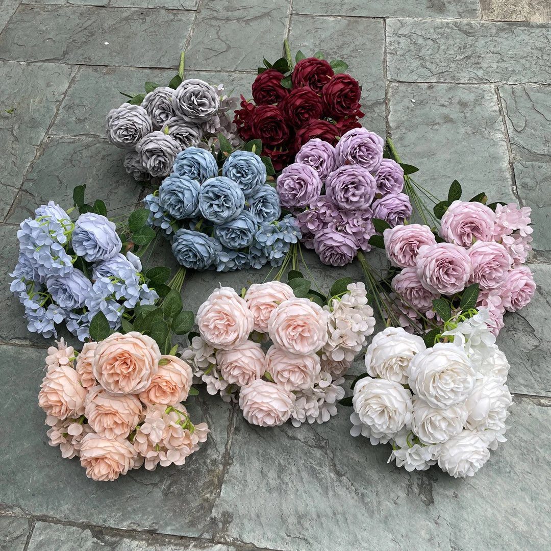 M539 Wedding Flowers Decorations Red pink Dusty Silk Peony Hydrangea Artificial Flowers Garden Rose Bouquet in Bulk