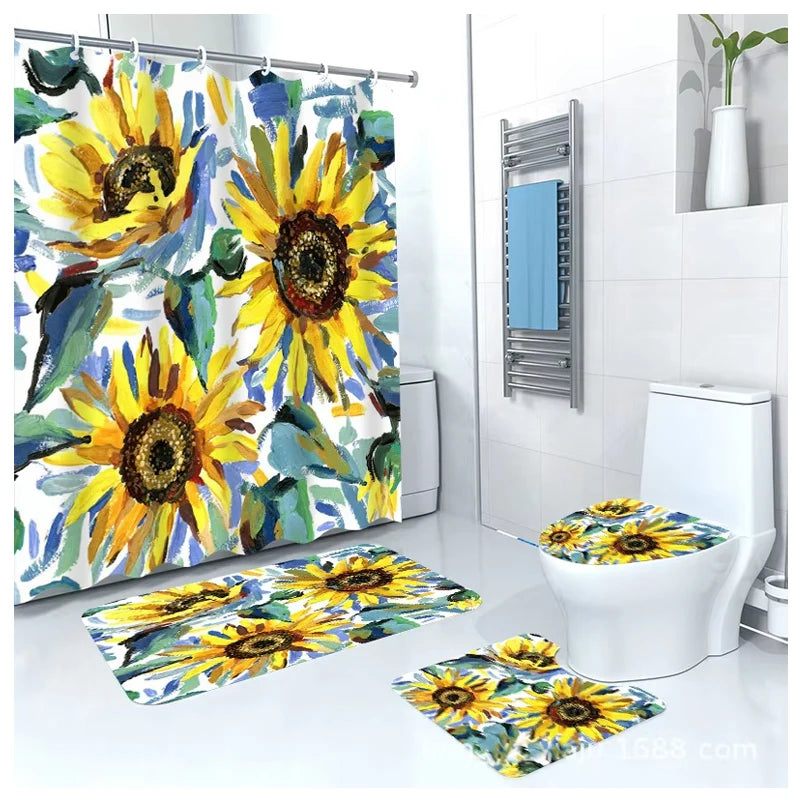 Polyester Non-Slip Floor Bath Rug Sets 4 Pcs Waterproof Shower Curtain and Bath Mat Sets for Bathroom