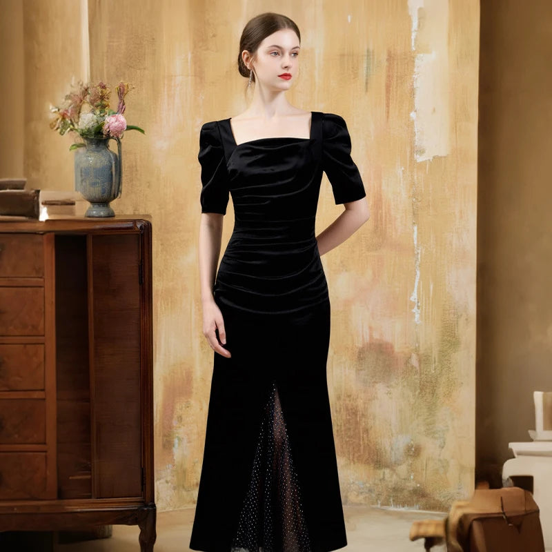 ZYHT 30194 Modern Design Hem Patchwork Mesh Sequin Fit and Flare Mermaid Midi Dress Party Black Square Collar Fishtail Dress