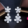 Gorgeous Double Flowers Shape White Cubic Zirconia Stone Setting Silver Plated Long Drop Brides Earrings for Wedding CZ Jewelry