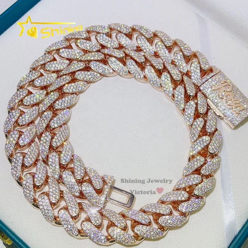 Drop Shipping Rose Gold Solid Silver 3 Rows Hip Hop Iced Out Miami Cuban Link Chain With VVS Moissanite
