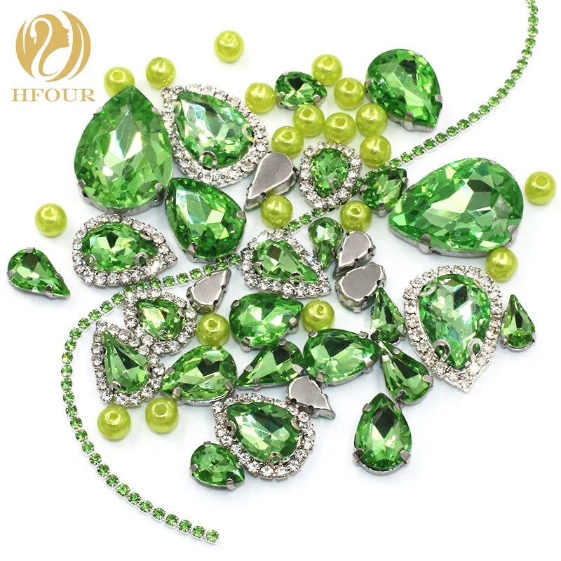 Hot Selling Fashion Light Green 3D Glass Mixed Crystal Rhinestones with Cup Chain Claw Pearls for Handmade Accessories