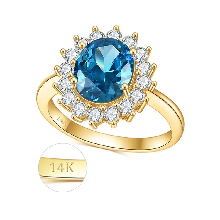 A015R Abiding Trendy Cluster Setting Flower Zirconia Halo Aquamarine Cz 14K Real Gold Ring for Women Jewelry