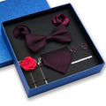 Custom Mens Burgundy Necktie Set With Bowtie Hanky Cufflinks Brooch Pocket Square Made of Polyester Silk in Gift Box