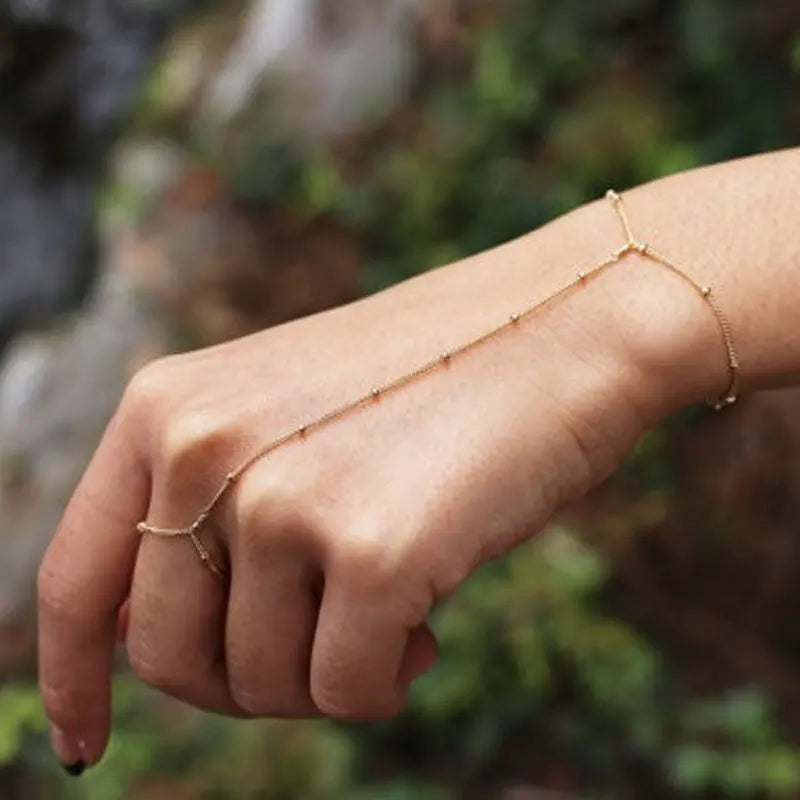 BASQUESUN  Minimalist Trendy Gold Filled Hand Chain Bracelet Ring Bracelet Bangle Dainty Mitten Finger Bracelets for Women