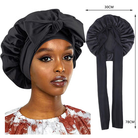 Wholesale RTS Fast Delivery Custom Logo Hot Large Sleep Hat Styling Cap Solid Satin Bonnets With Tie Designer Bonnet for Women