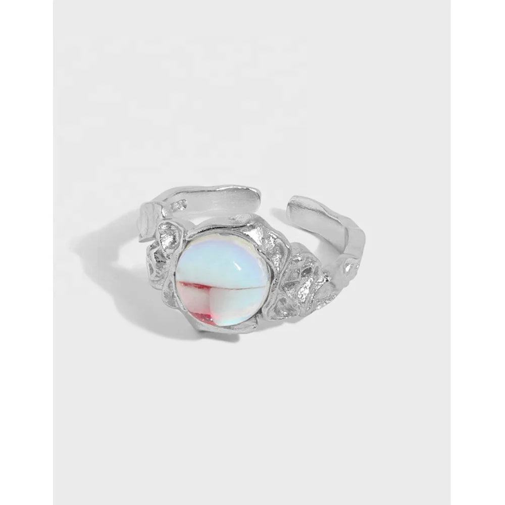 Unique Design Hammered Moon Stone S925 Sterling Silver Open Ring Ladies Jewelry Sterling Silver Stackable Rings