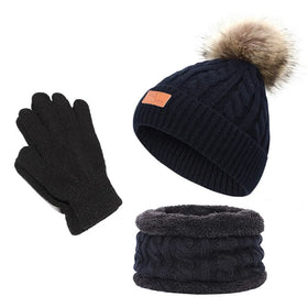 Autumn and Winter Warm Cable Knitted and Fleece Neck Cover Children's Winter Pom Pom Knitted Beanie Hat Set