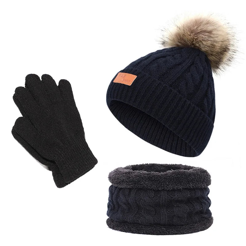 Autumn and Winter Warm Cable Knitted and Fleece Neck Cover Children's Winter Pom Pom Knitted Beanie Hat Set