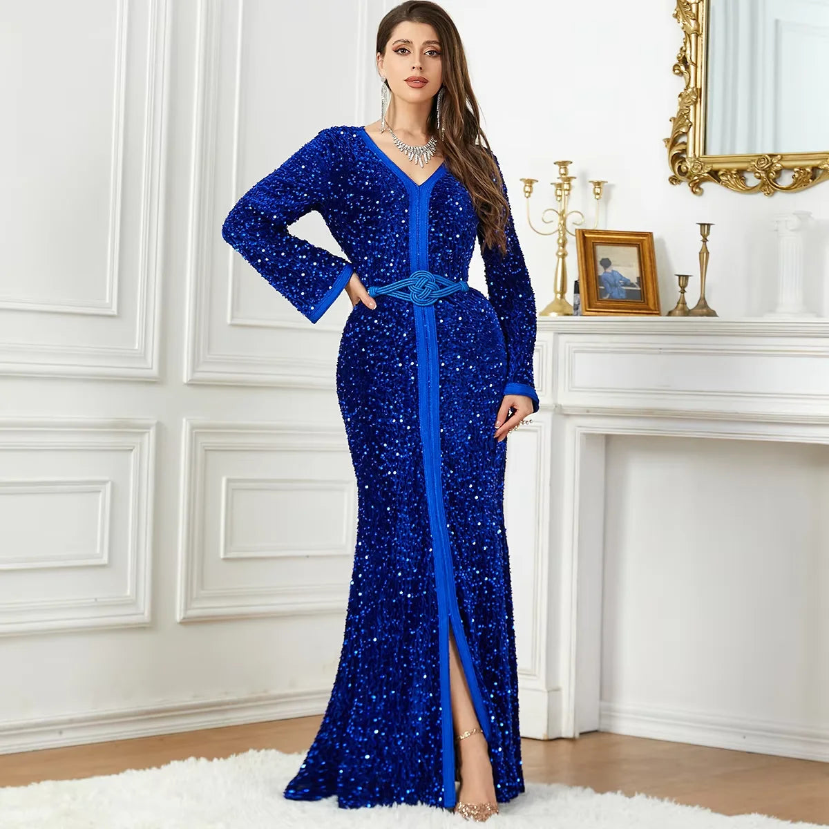 Dubai Middle Eastern Modest Elegant Muslim Long Sleeve Satin Evening Dress Sequin V-neck Slim-fit Fashion Slit Robe Blue