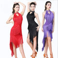 Dazzling Women Dance Salsa Samba Clothes High Neck Spandex Fringes Latin Dresses Sleeveless Irregular Long Dress With Necklace