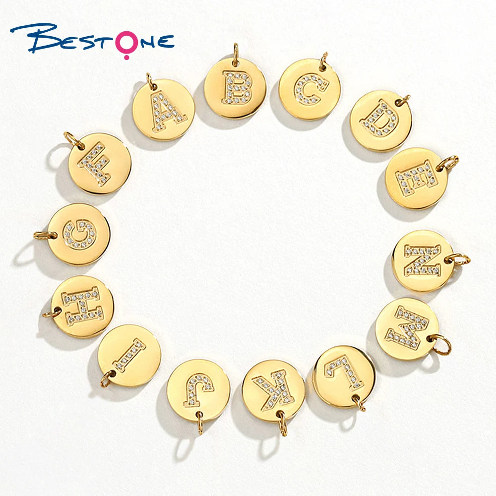 26 A-Z Real Gold Plated Stainless Steel CZ Inlay Initial Letter Alphabet Pendant Charms for Necklace Making