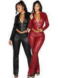 Autumn New Arrival PU Clothing Women Long Sleeve Stand Collar Crop Top Mid Waist Trousers Women Casual Two Piece Set