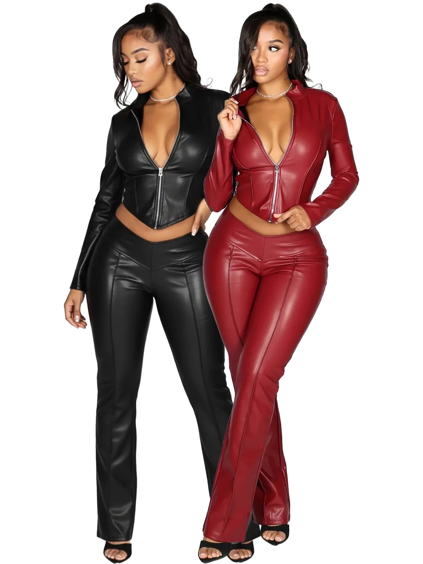 Autumn New Arrival PU Clothing Women Long Sleeve Stand Collar Crop Top Mid Waist Trousers Women Casual Two Piece Set