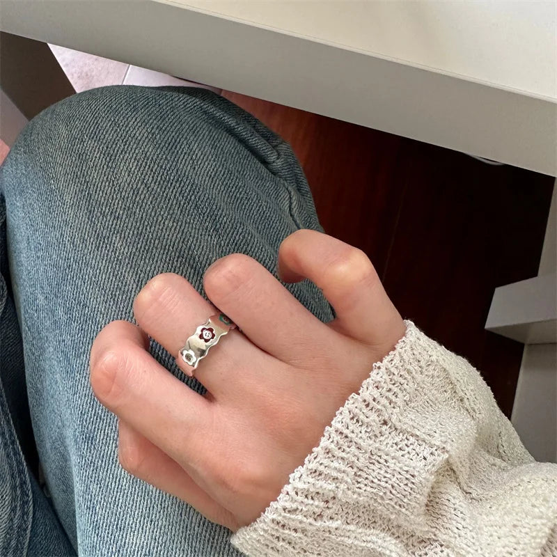 Women Design Cute Style Adjustable Ring 925 Sterling Silver Enamel Flower Rings