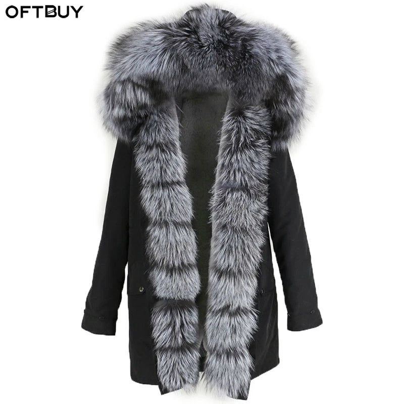 OFTBUY Real Fox Fur Collar Hood Long Fur Jacket Women Waterproof Long Parka Warm Outcoat Real Fur Parka for Women