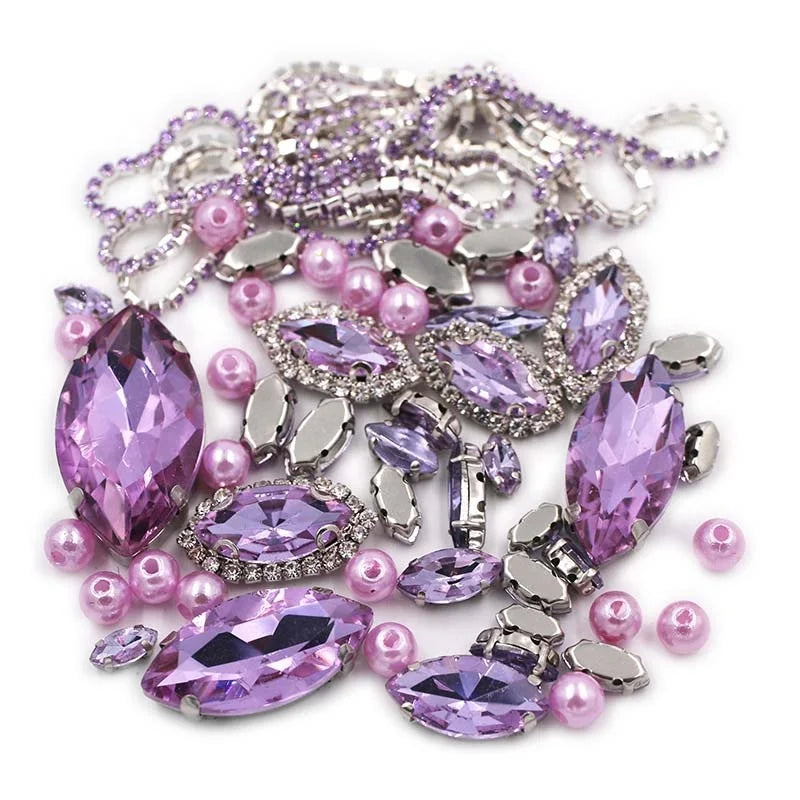 Factory Wholesale Mix Size Violet Horse Eye Crystal Glass Sew-on Rhinestones+pearl+cup Chain