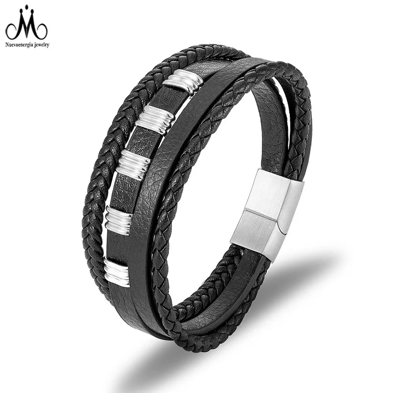 Fashion Leather Jewelry Real Braided Men's Leather Bracelet Stainless Steel Magnetic Clasp Leather Bracelet for Man