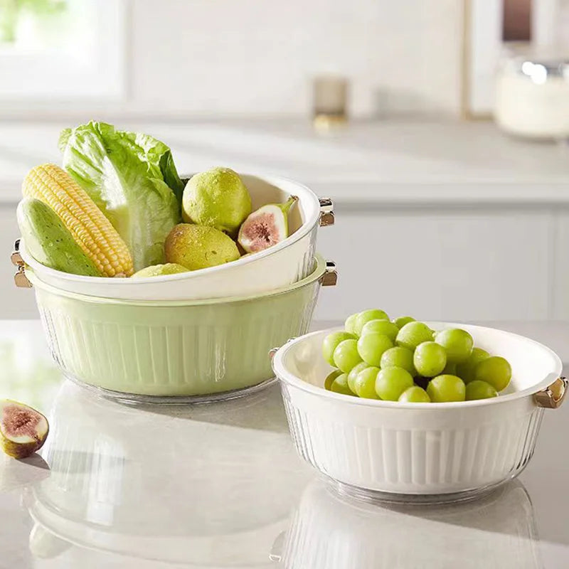 Hot Sale Double Layer Fruit Vegetable Cleaning Draining Basket Multi-Function Plastic Strainer for Kitchen Camping Food Storage