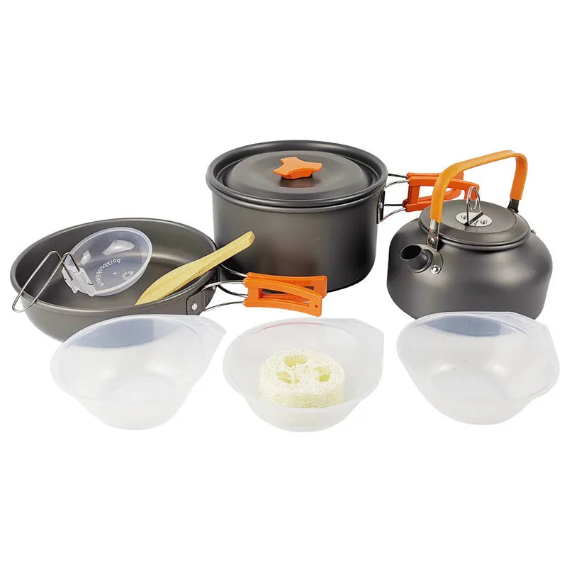 Aluminum Camping Cookware Set Double Handle Anodized Non-Stick Frying Pans Milk Pot Gas Stove Outdoor Camping All-in-One Mega