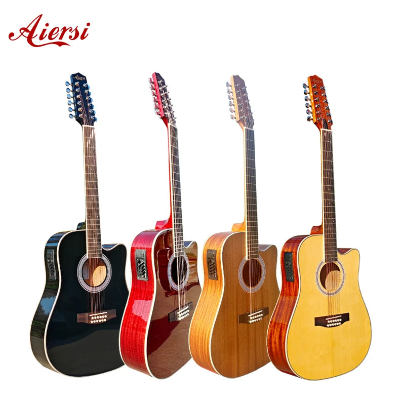 Hot Sale Aiersi Brand High Quality 12 String Electric Acoustic Guitar Glossy Mahogany Body Cutaway Dreadnought Size with Pickup