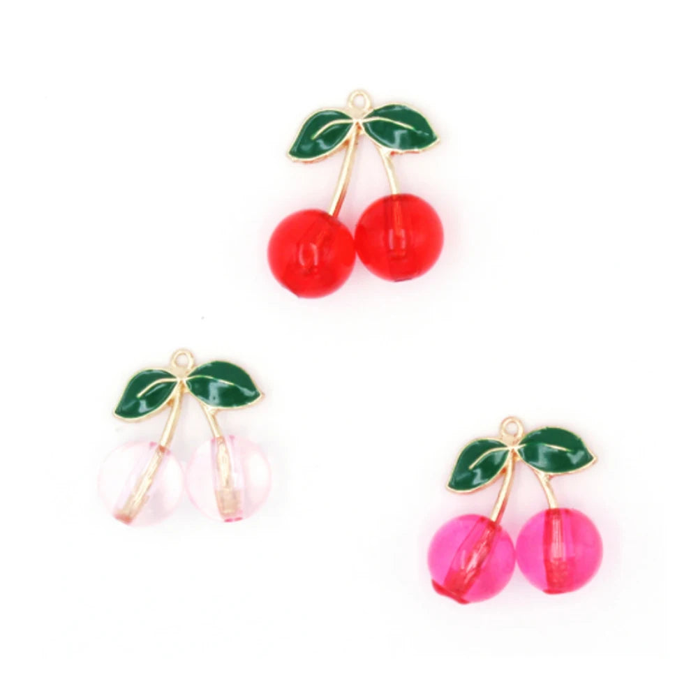 100Pcs/Bag 28MM Enamel Cherry Charms Red Pink Cherry With Green Leaves Dangle Pendants for Necklace Bracelet Keychain Making