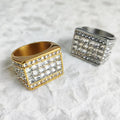 Non Tarnish Punk Cubic Zirconia Bar Rap Waterproof Chunky Wedding Band 18K Gold Plated Stainless Steel Ring for Men Messia