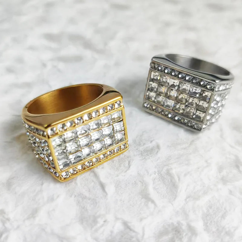 Non Tarnish Punk Cubic Zirconia Bar Rap Waterproof Chunky Wedding Band 18K Gold Plated Stainless Steel Ring for Men Messia