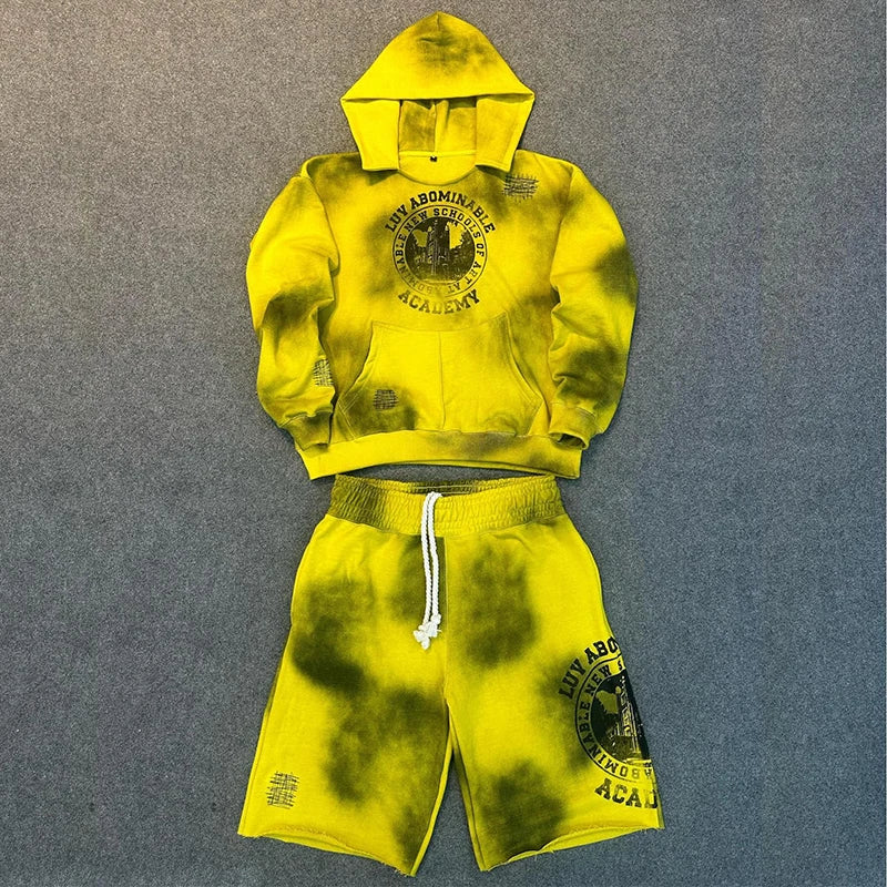 Custom Sweatsuits Cotton Jogger Suits 2 Piece Set Digital Printing Dirty Effect Baggy Tracksuits for Men Hoodie Short Set