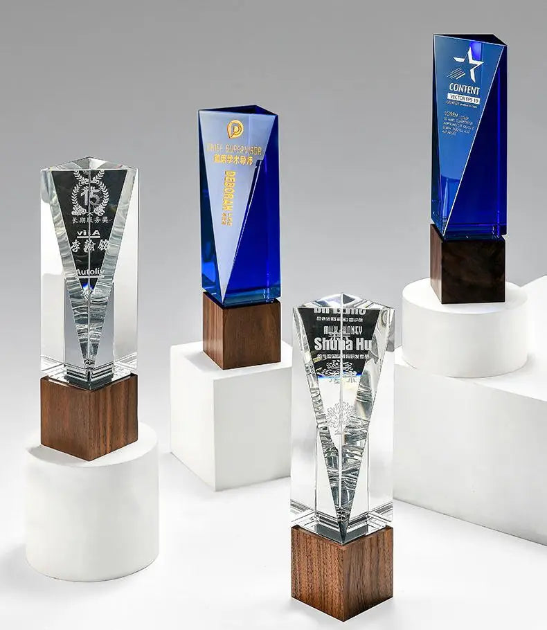 ADL Crystal Glass Award Trophy Metal Plaque Trophy with Wooden Base with Customized Logo