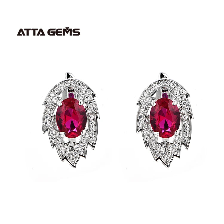 New Fashion Trend Feather Design Ruby Jewelry Cushion Shape 8*6MM Ruby 925 Sterling Silver Earrings
