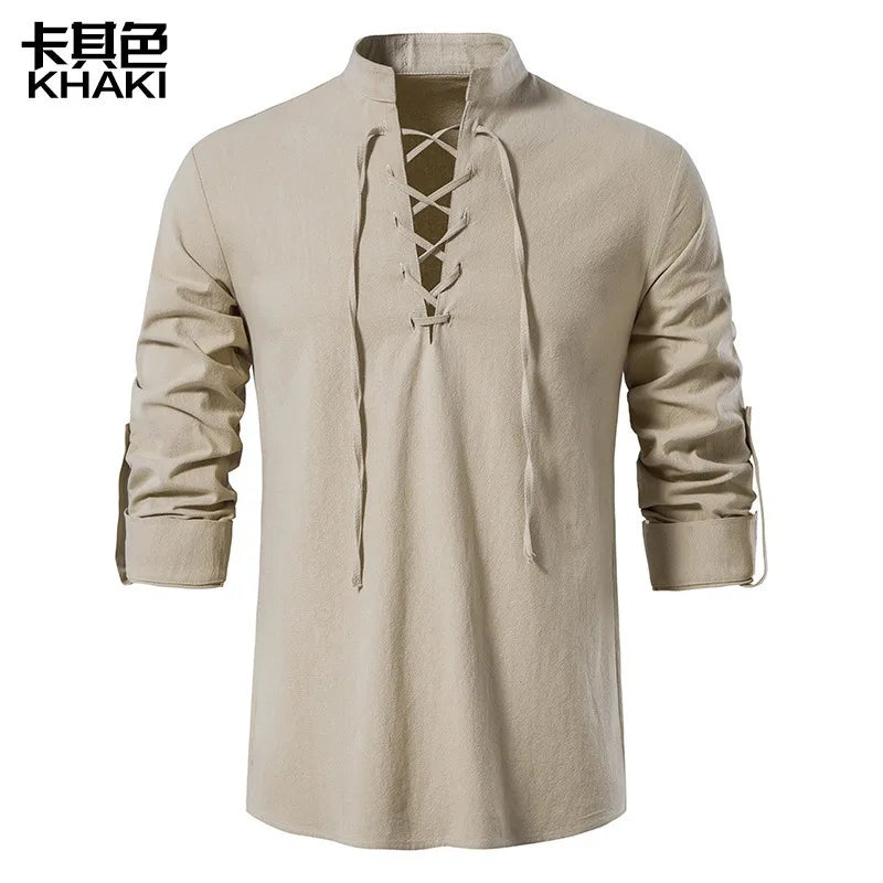 Men's Cotton Henley Shirt Hippie Casual Beach Stand Collar Long Sleeve Shirt