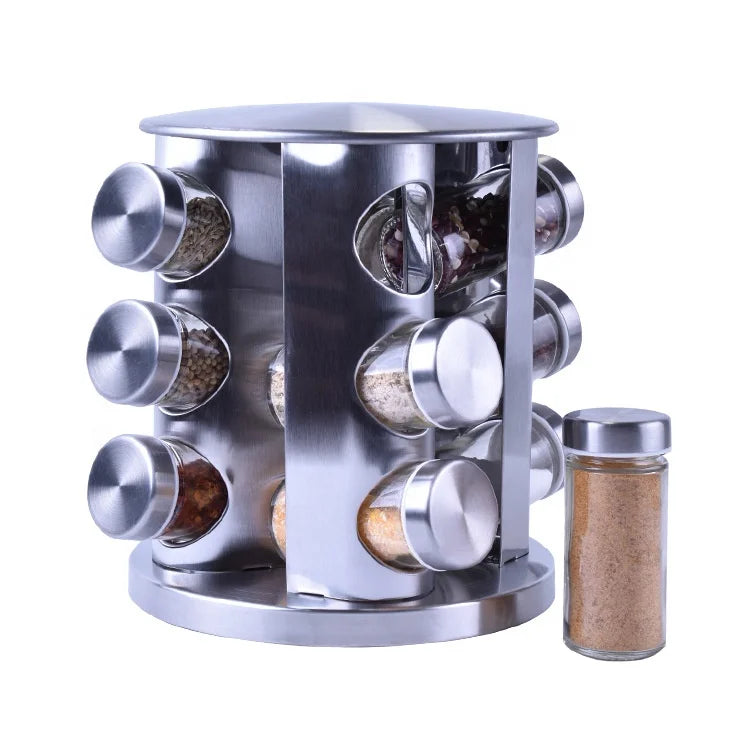 Modern Stainless Steel Revolving Spice Rack 12 Countertop Jars Glossy Finish Custom Logo Eco-Friendly Carton Packed Dried Herbs