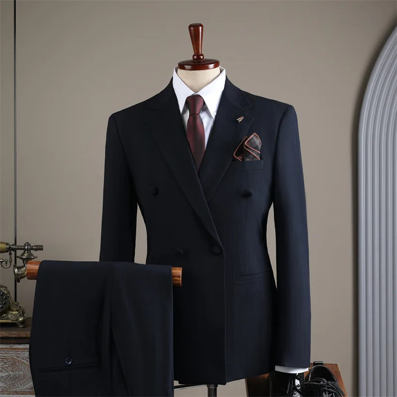High-End Men's Three-Piece Wedding Suit Double-Breasted Striped Tuxedo Business Worsted Fabric Zipper Fly Pants for Adults