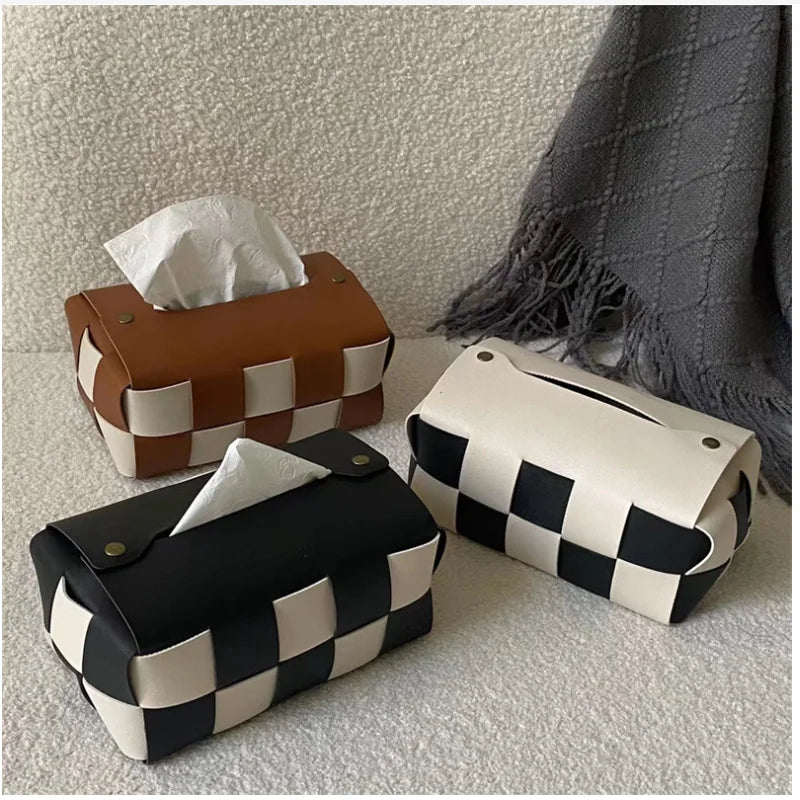 Luxury Leather Tissue Box Cover Hand-Woven Checkerboard  Napkin Holder Home Decoration Desktop Color Matching Tissue Cases