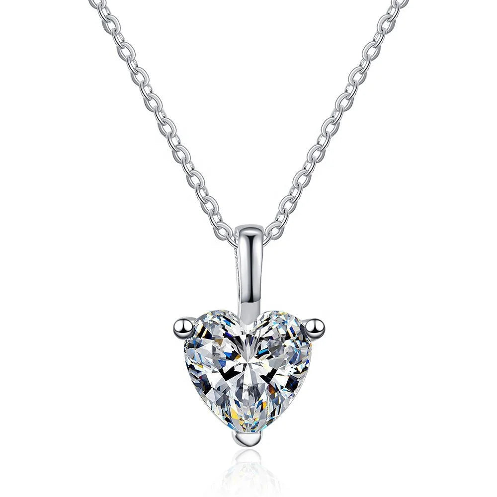 Factory Wholesale Fine Jewelry Genuine S925 Silver Moissanite Heart Pendant Necklace Earring
